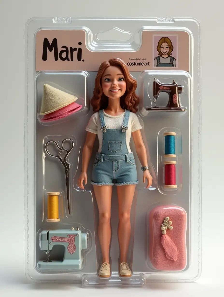 Use this photo of me to create an action figure of myself in a blister pack, in the style like a premium collectible toy. The figure should be standing up and have a relaxed, friendly smile. The blister pack should have a header with the text ‘Mari’ in large letters and a subheading of ‘costume art’ below it. Include accessories in compartments to the side of the figure: scissors, threads, pieces of fabric, sewing machine.