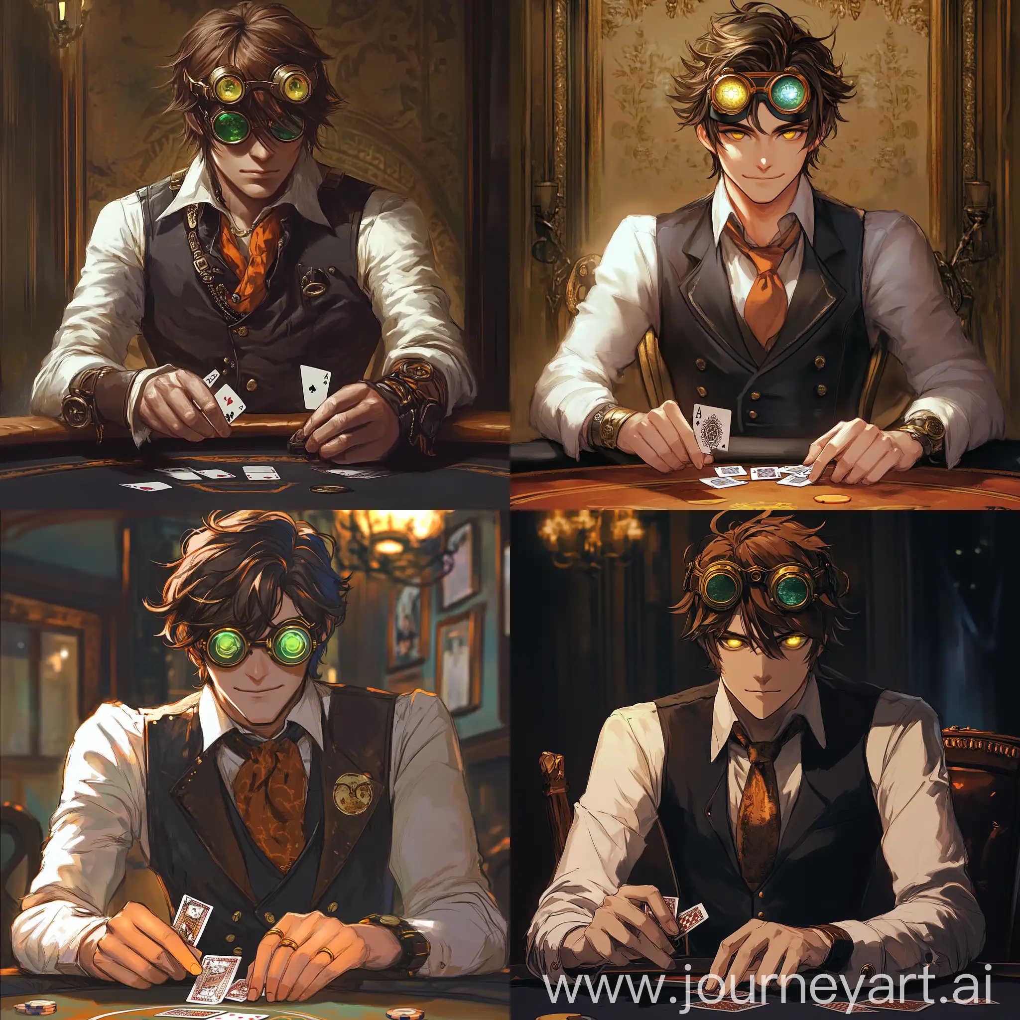 Steampunk-Poker-Player-with-Monocle-and-Goggles-Holding-Cards