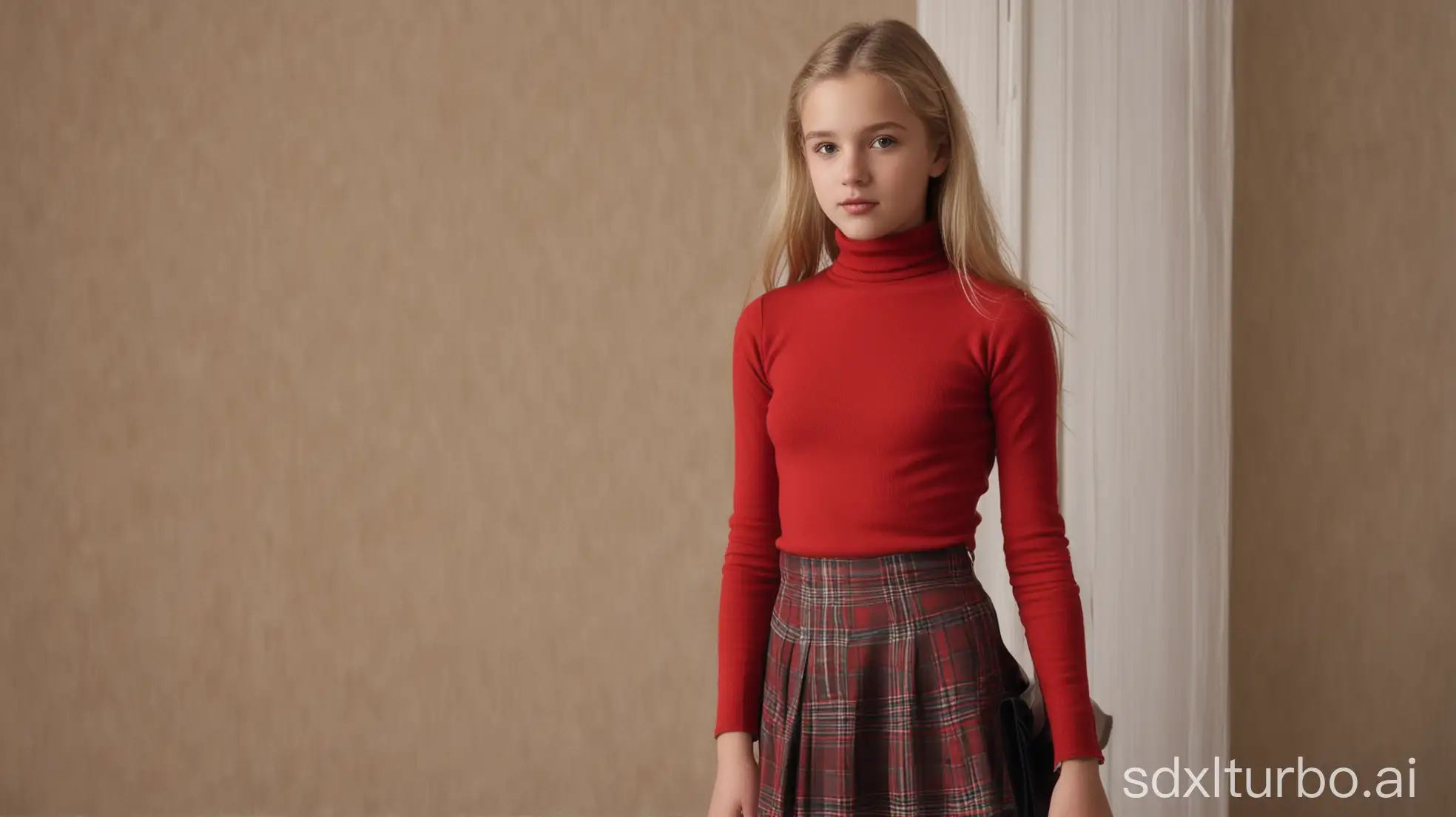 Blond-Teenage-Girl-in-Red-High-Turtleneck-and-Skirt