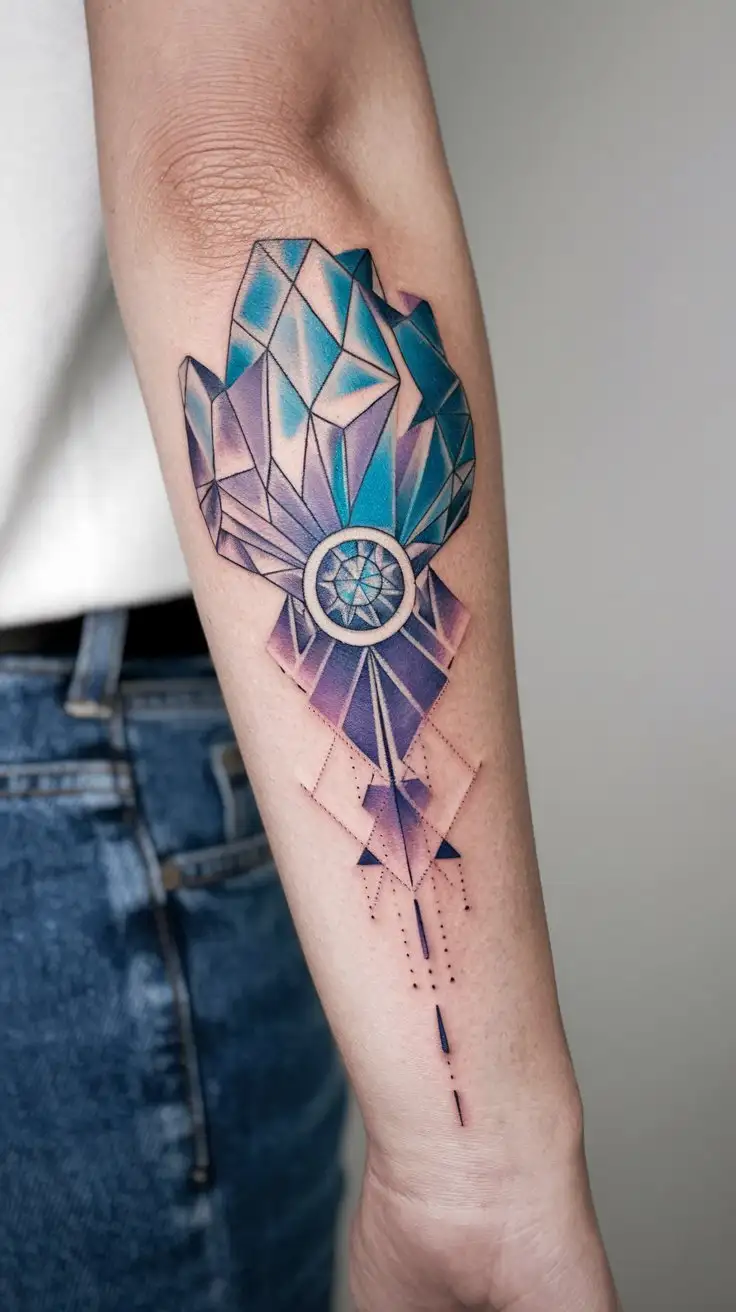 Geometric-Iris-Tattoo-Design-on-Womans-Forearm-in-Blue-and-Purple-Shades