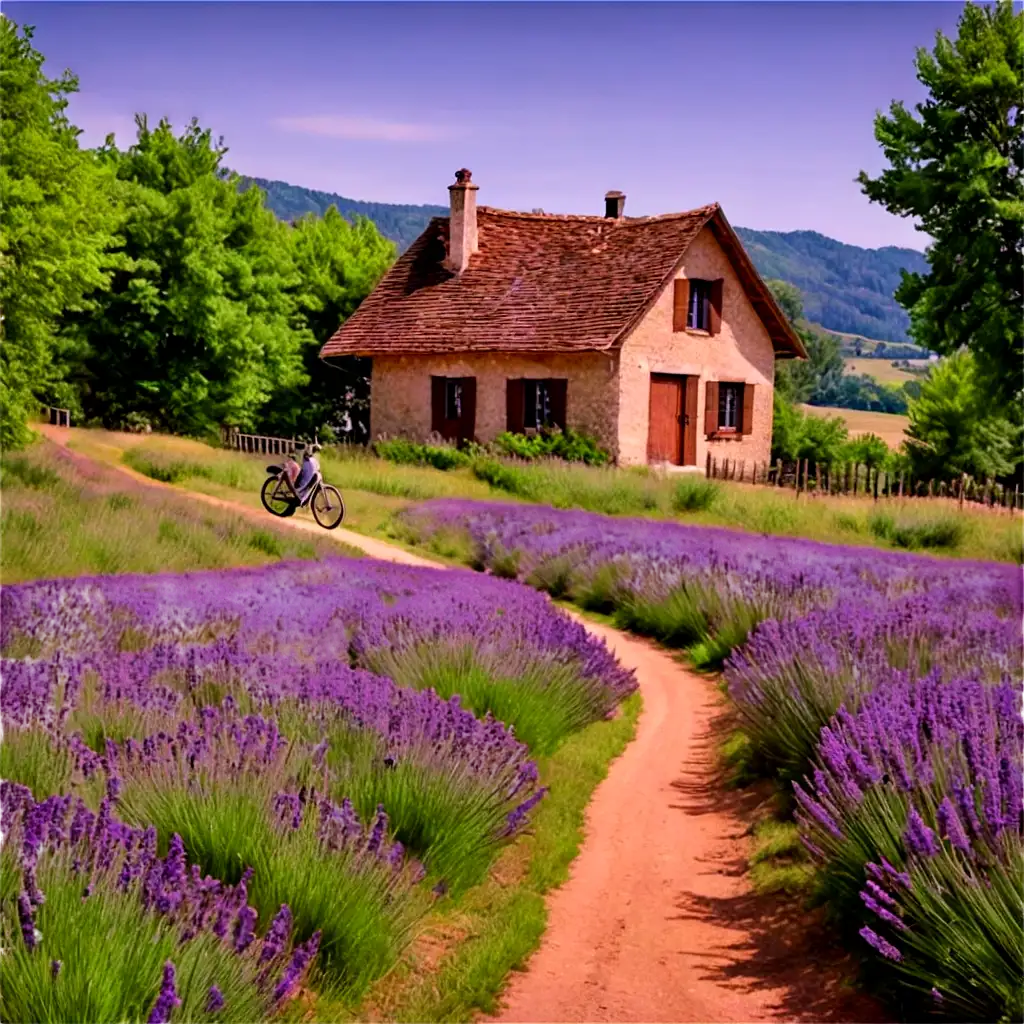 A charming French lavender field with a lone, rustic cottage and a bicycle leaning against a wooden fence.