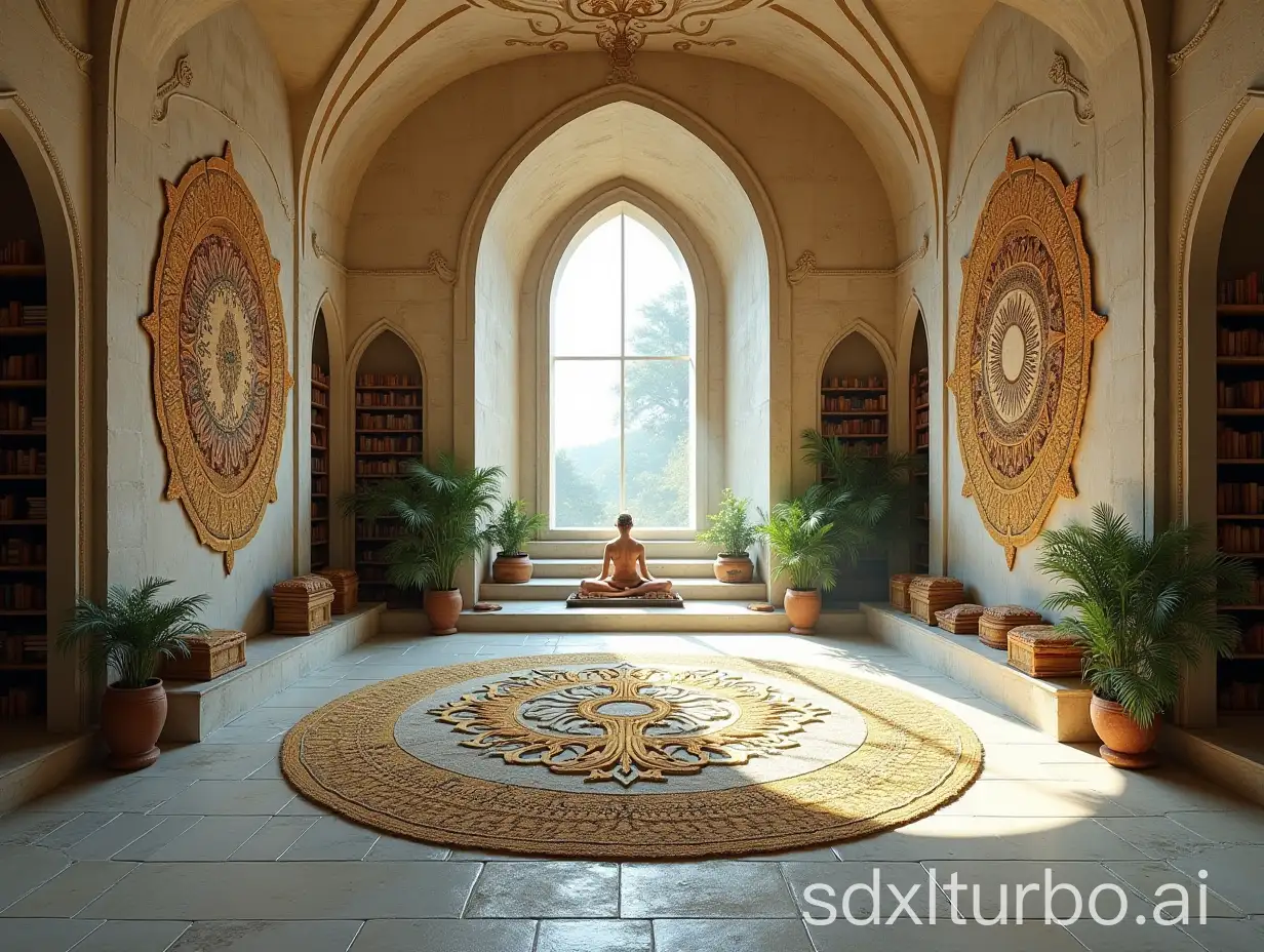 Serene-Yoga-Temple-Interior-with-Mandalas-and-Green-Plants