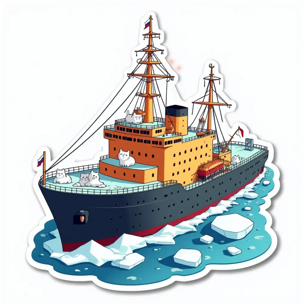 a huge atimic icebreaker floating out of the ocean with icebergs, the lower part of the ship is black, the upper part is bright orange, the inscription on the deck superstructure is the Russian flag. there are small white cats on the ship in the image of sailors,  Sticker design - top view, high resolution, vector graphics, white background, anime-style coloring.