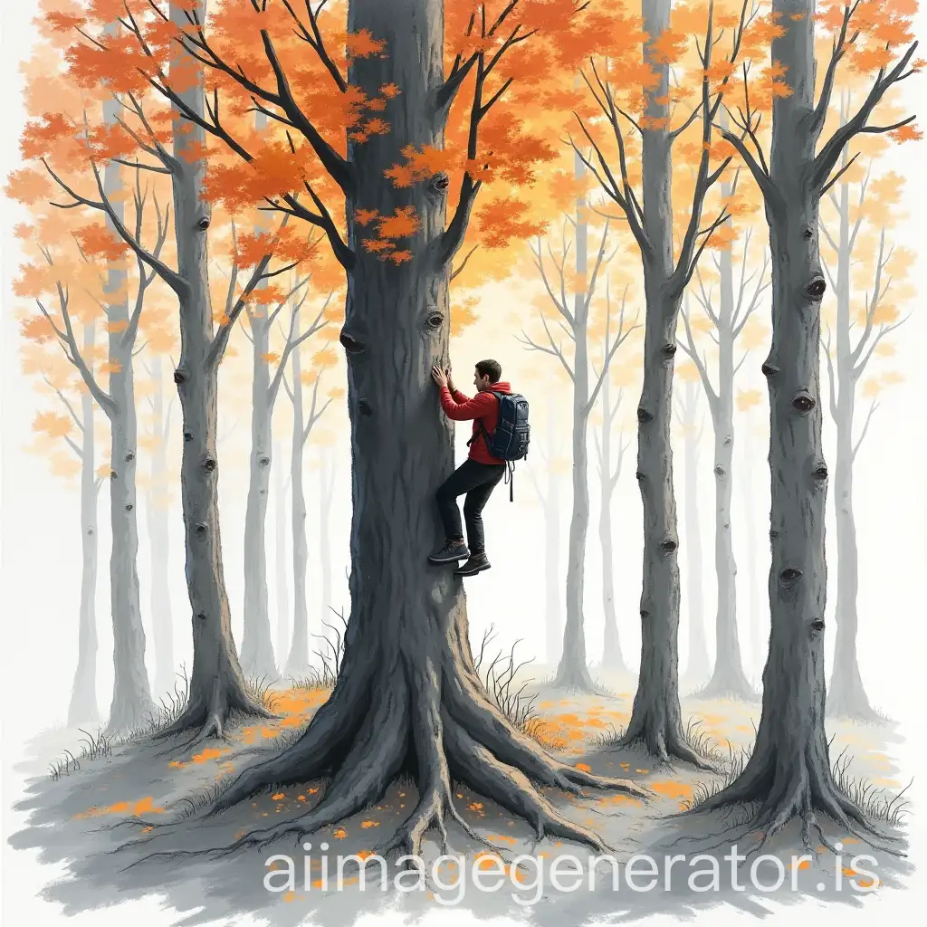 a man climbing a tree in a forest drawing, gray and orange colors