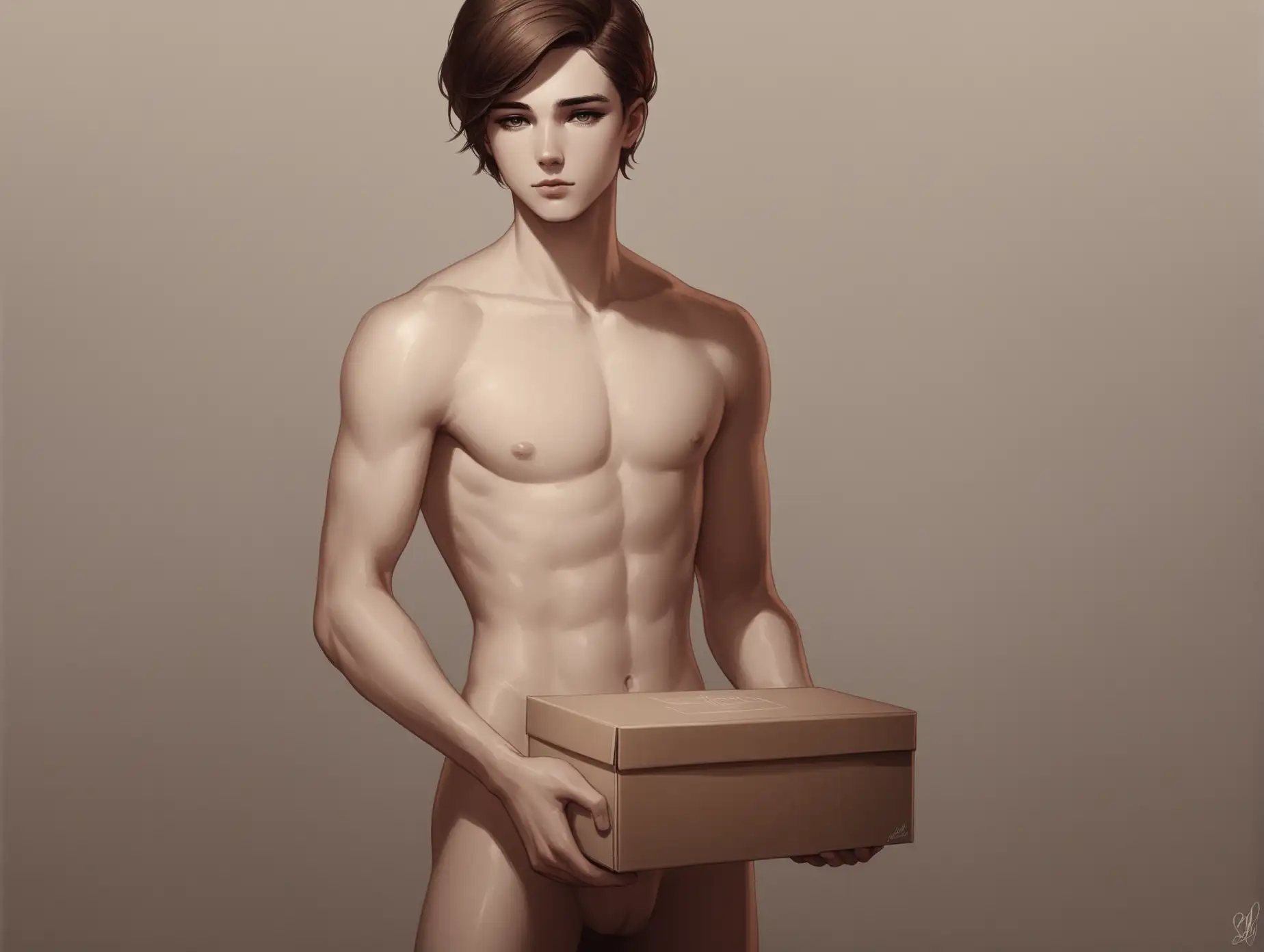 Young-Brunette-Man-Holding-Box-in-Nude-Pose