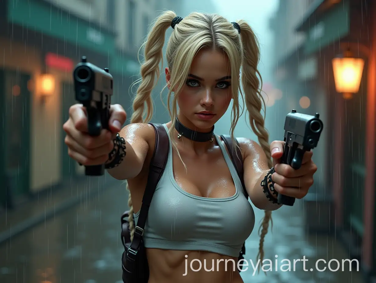 Harley-Quinn-as-Lara-Croft-in-a-RainDrenched-Cityscape