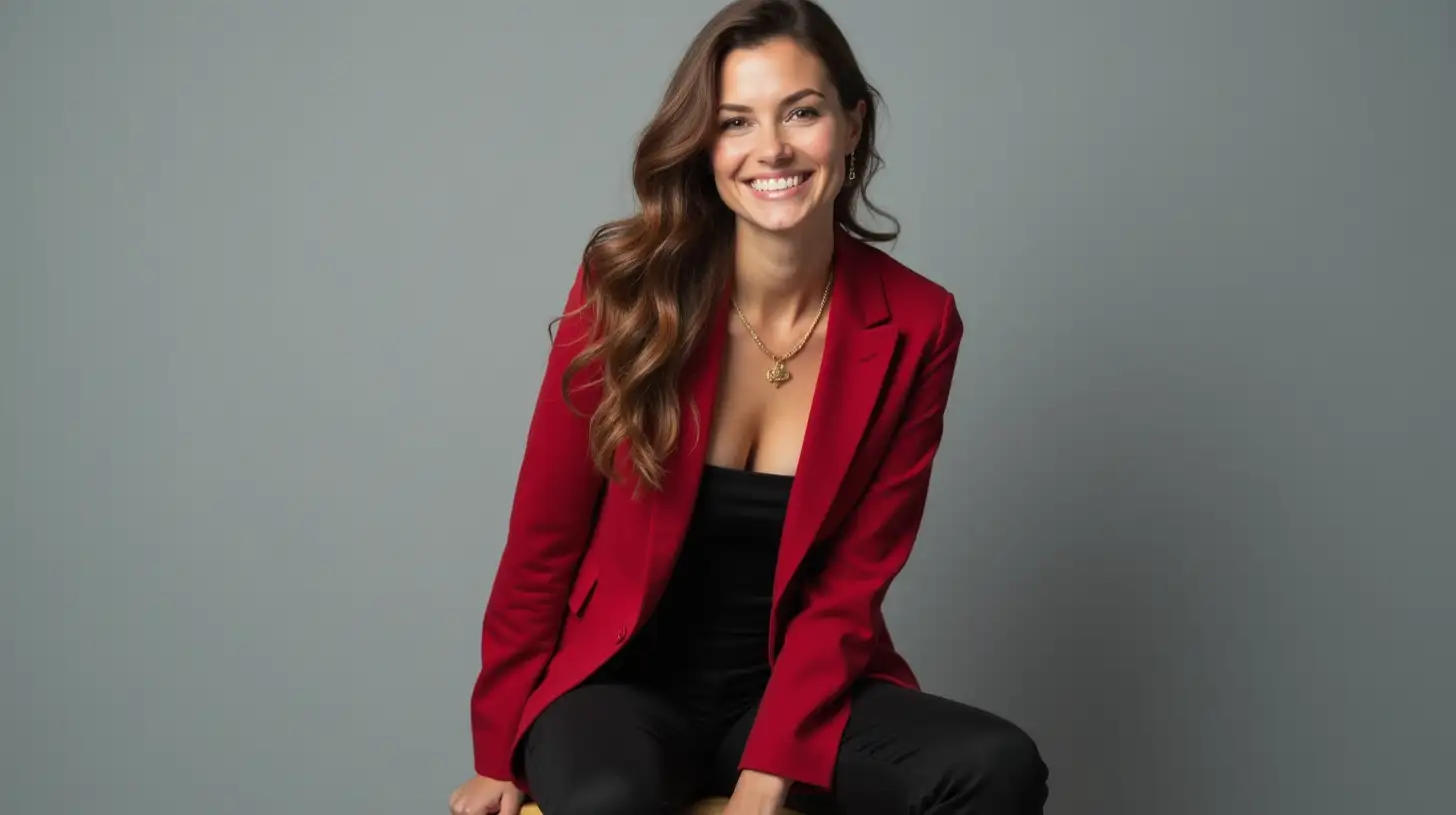 Happy Young Woman in Stylish Red Blazer on Gray Background