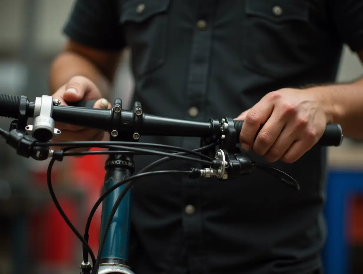 Hispanic bicycle mechanic assembling the braking and shifting system of a bike as part of the maintenance service he performs in his shop. Real people at work.