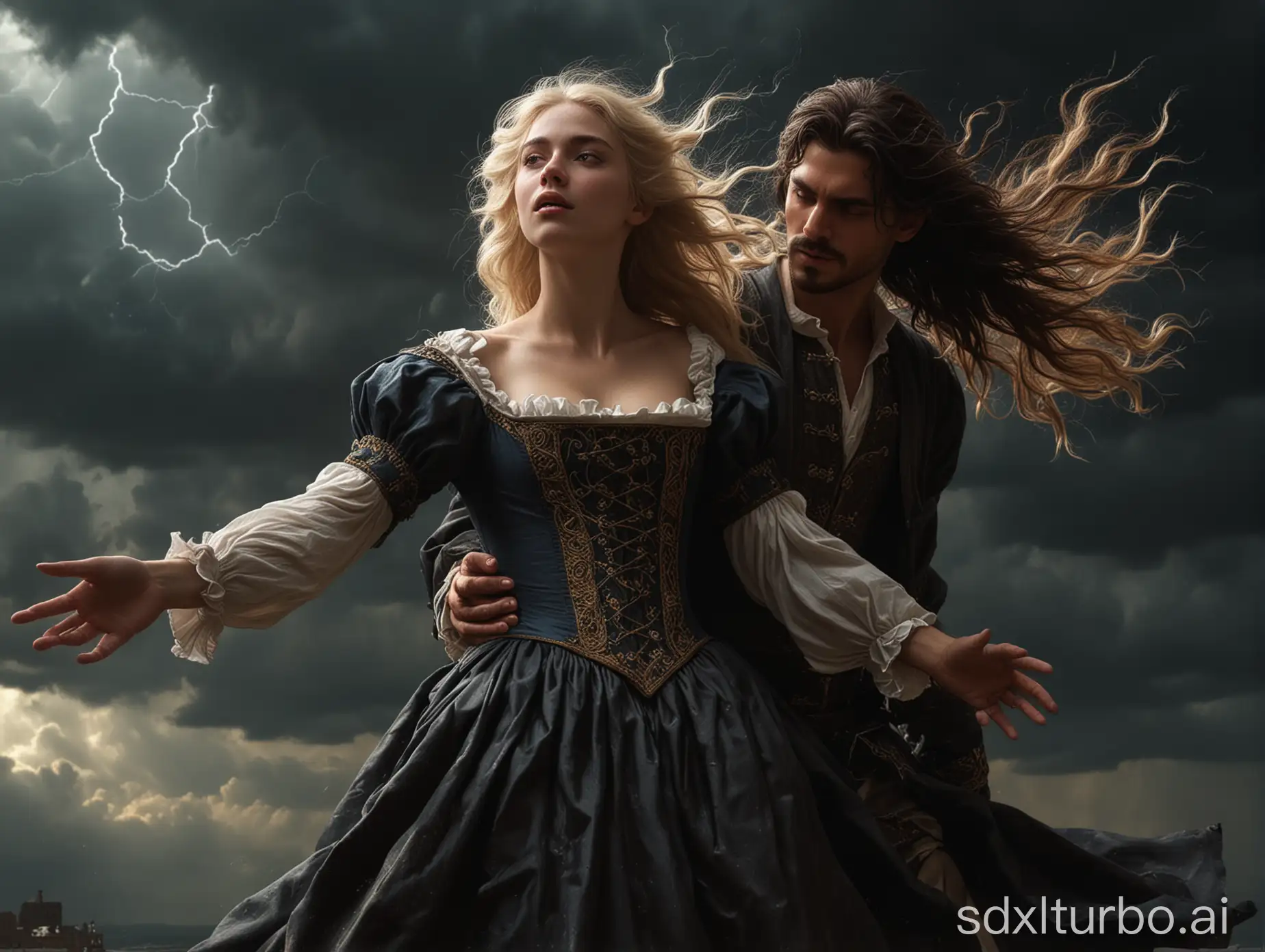 Beautiful young blonde woman with waving long hair in a beautiful medieval dress with a deep bodice fell from above into the arms of a handsome guy with dingy dark hair, a thunderstorm raging around, hyper-realistic style, perfect composition, beautiful detailed intricate insanely detailed octane render trending on artstation, 8 k, photorealistic concept art, soft natural volumetric cinematic perfect light, chiaroscuro, masterpiece, caravaggio, greg rutkowski