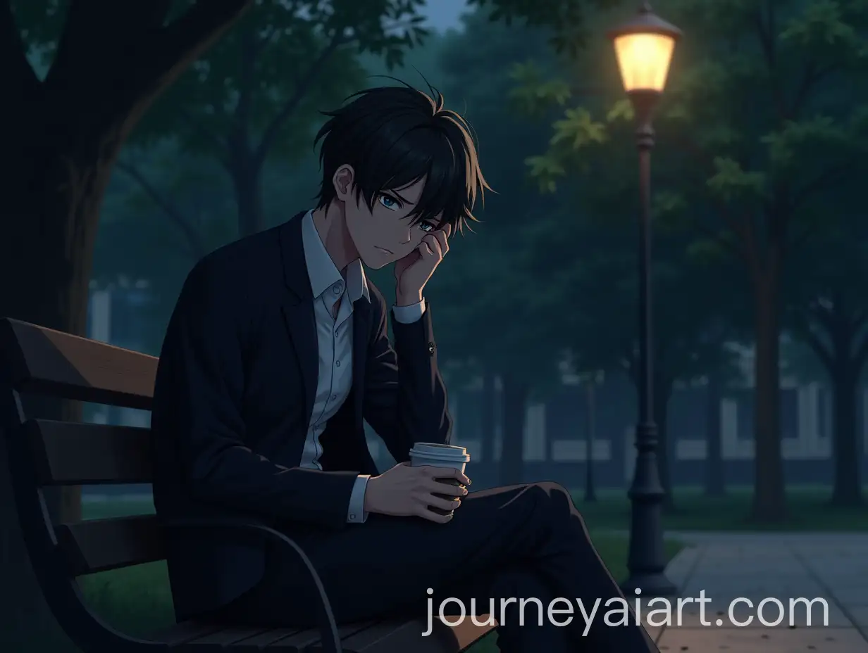 Tired-Young-Corporate-Worker-in-Urban-Park-at-Night-Holding-Coffee