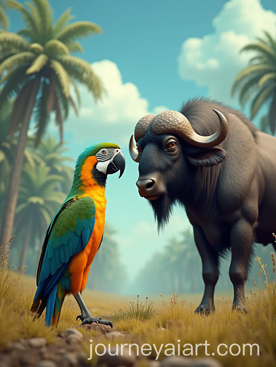 Buffalo-and-Parrot-in-Surreal-Landscape-with-Grassy-Plains-and-Tropical-Jungle