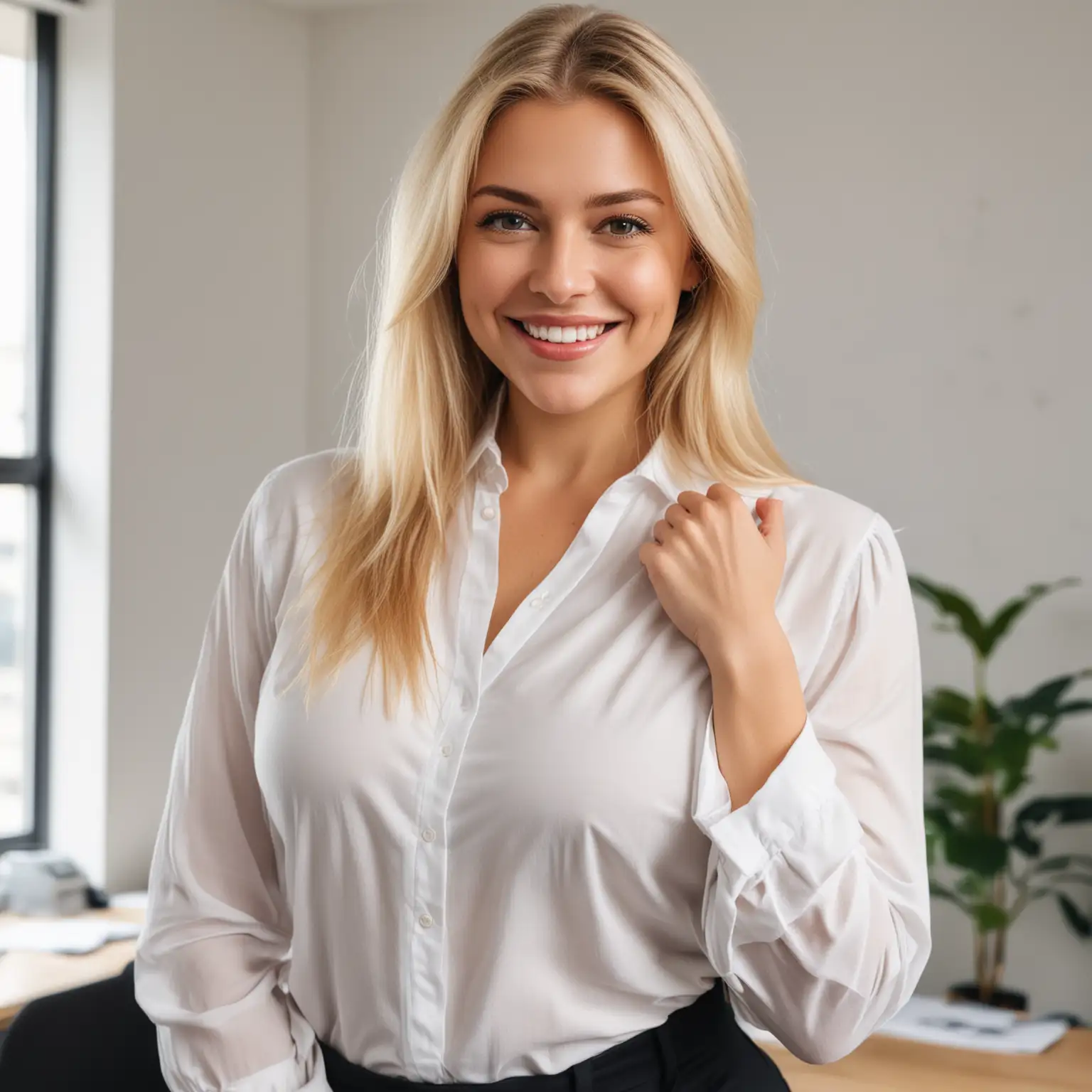 a photo of a woman, smiling with straight blond hair and large natural breasts Standing confidently in a power pose, in a white  
blouse ready to conquer the business world in an office
