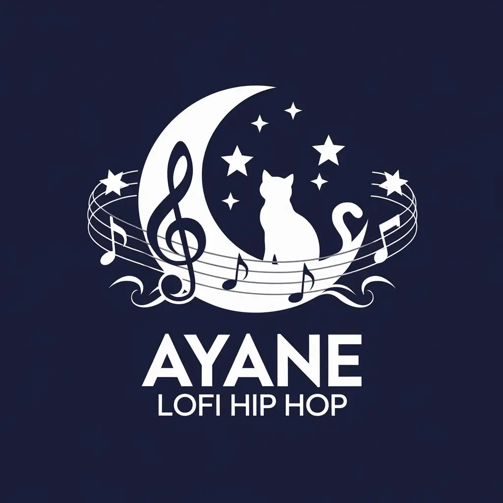 LOGO Design for Ayane Lofi Hip Hop Navy Blue White with Moon Cat Stars and Musical Notes