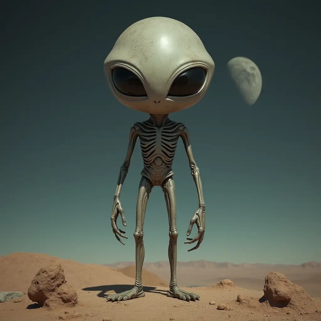 Alien man with very large head, wise face and long legs, grey planet Pluto