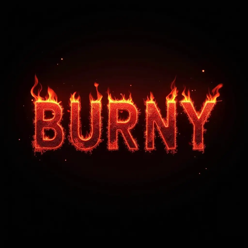 Create a layered and dynamic burning effect using a deep black background and bright red letters with the text “BURNY”. Start with a thin layer of fire or lava that gradually becomes more saturated and textured. Incorporate gradients into the process to create the illusion of depth and movement. Add shimmering sparks and shadows to the letters to achieve realism. Use a font with sharp angles to give the text an aggressive and dynamic look. The background can be a deep black color that creates a contrast with the bright red letters and gives the composition depth and drama. The background may also feature flames or lava, which gradually become more saturated and textured, creating the illusion of movement and dynamics.