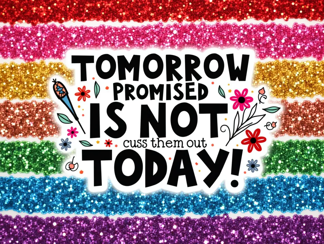 Glitter style. Colorful glitter background with horizontal stripes in varying shades: deep red, gold, pink, blue, green, and purple. The center features bold, playful typography that reads “TOMORROW IS NOT PROMISED cuss them out TODAY!” in a mix of black and white, with decorative floral elements enhancing the text. The aesthetic is vibrant and eye-catching, reminiscent of modern graphic design styles. Use high saturation for colors to amplify the lively atmosphere, emphasizing the sparkling textures of the glitter. Make sure the composition balances the bold message with the shimmering background, creating a joyful yet impactful visual.