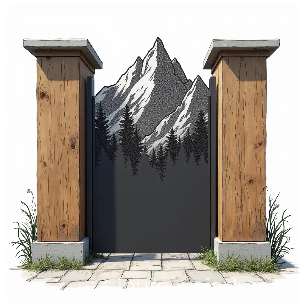 Rustic-Wooden-Claustra-with-Black-Perforated-Metal-Mountain-Design