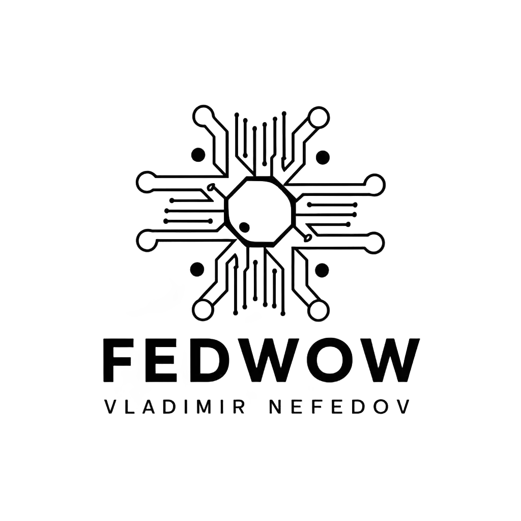 a vector logo design,with the text "FEDWOW Vladimir Nefedov", main symbol:Development of circuit boards, microcontrollers,Moderate,be used in Technology industry,clear background