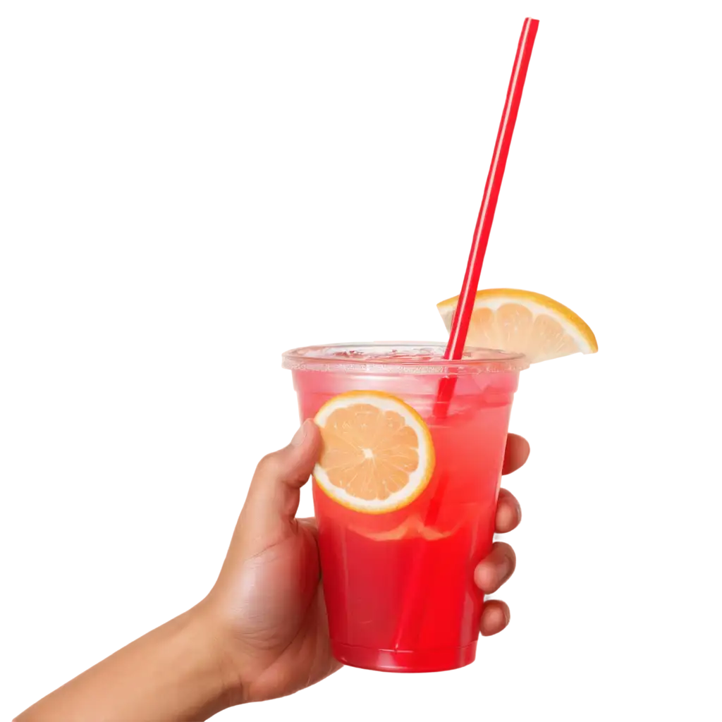 a hand that holds a plastic cup of red lemonade with a slice of lemon and a straw