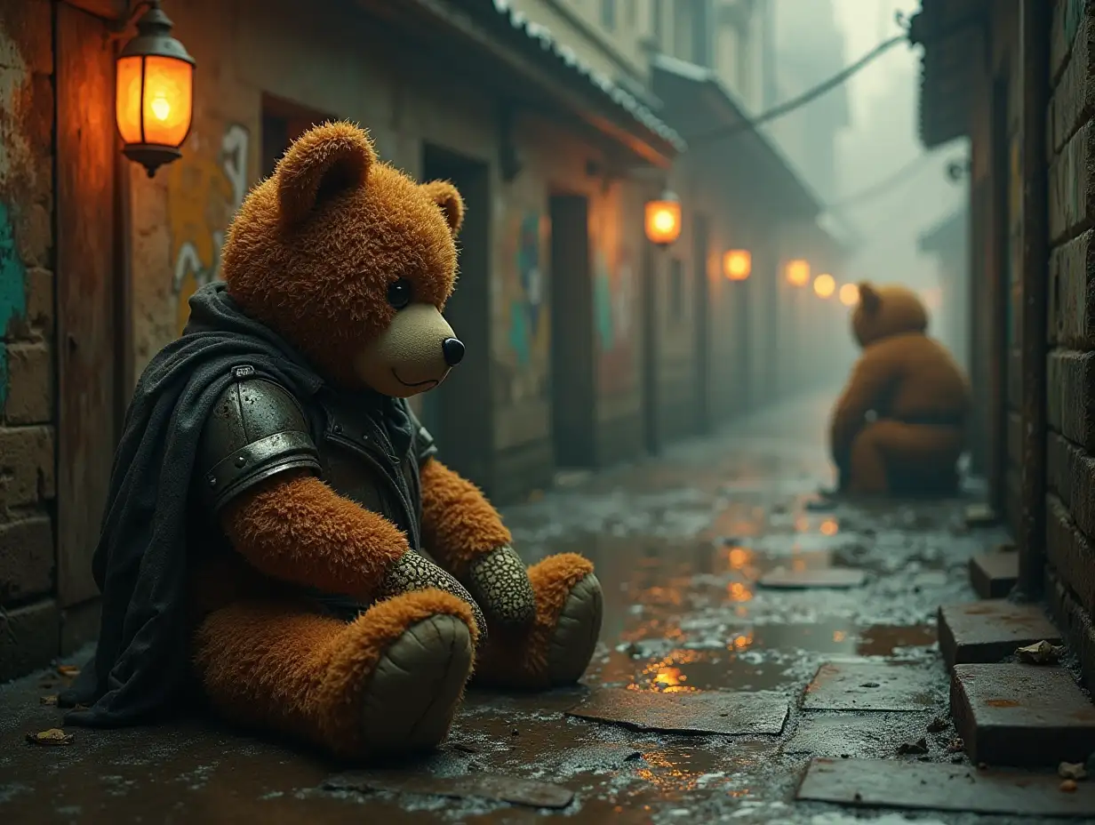 Creating a digital photo of a teddy bear with metal armor slime hairs, that goes into a building with brown soup worms and illuminated toilet with rust from iron and a river with floating paint fog and rusty lanterns and strange ghastly creatures