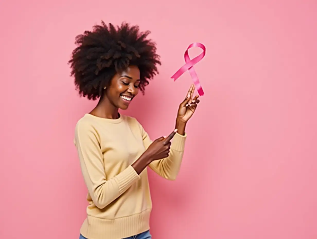 Happy-African-American-Woman-Holding-Cancer-Ribbon-Pointing-Sideways