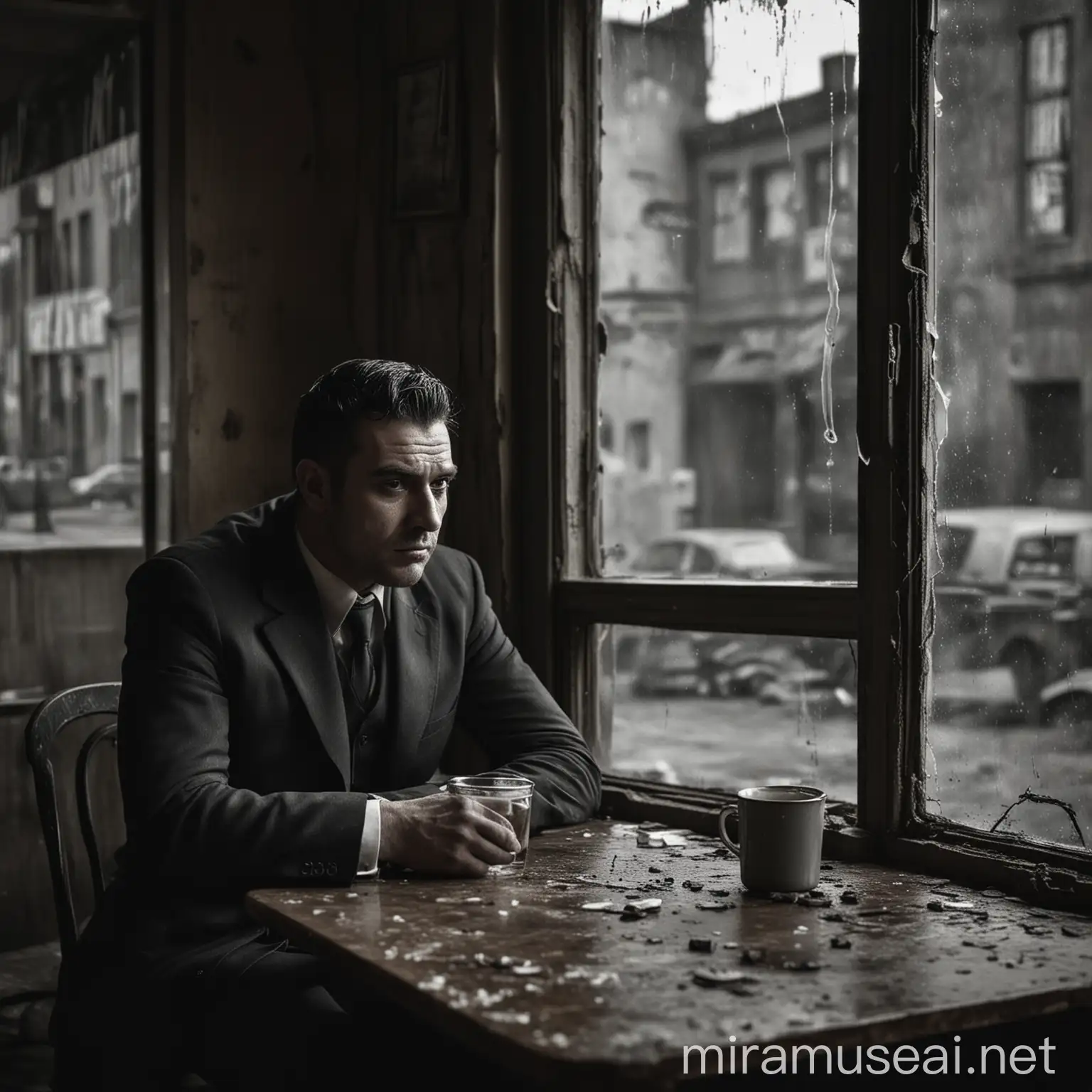 Gritty Urban Cafe Scene with Intense Gangster in Dark Suit