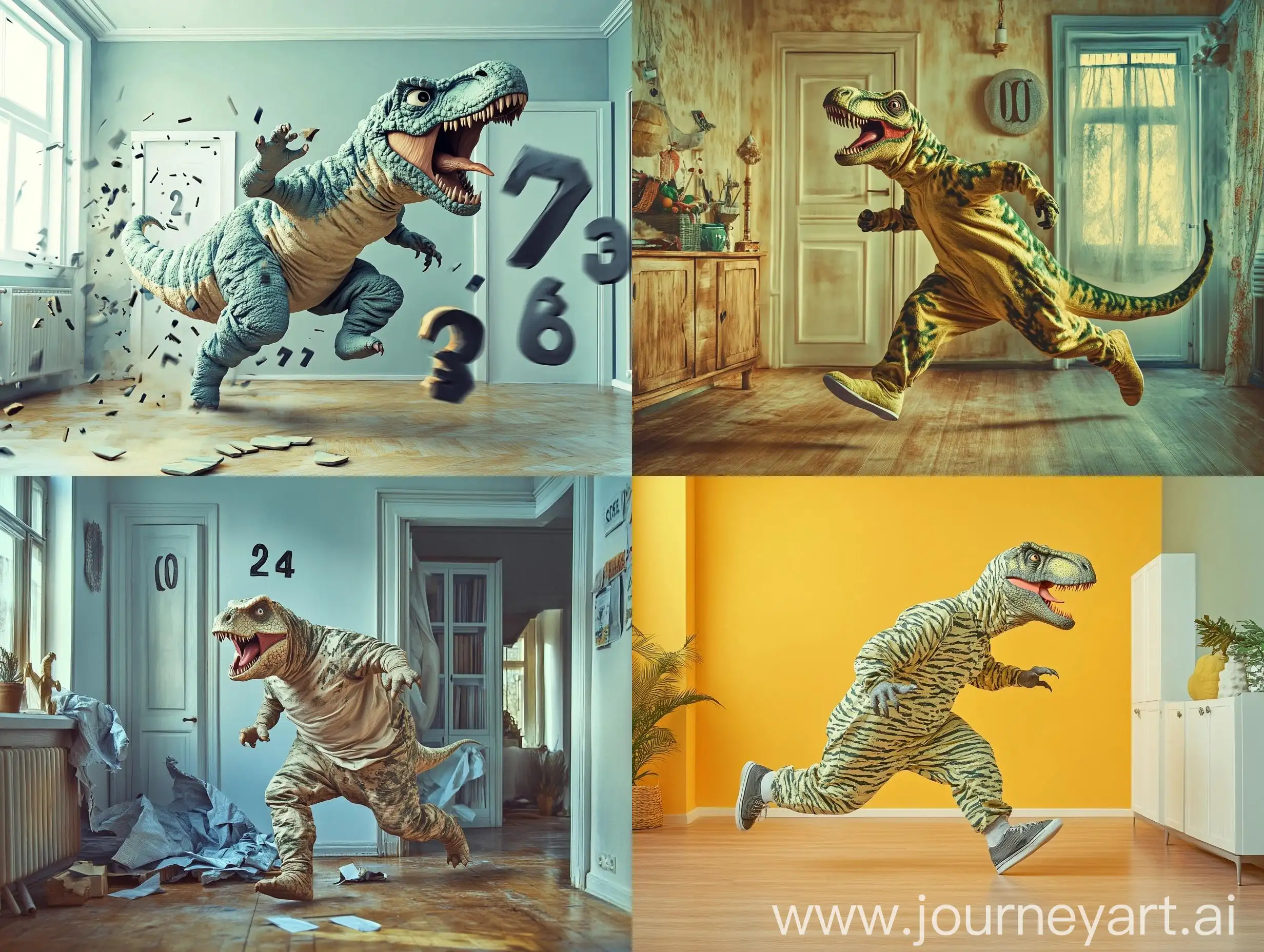 Clumsy-Dinosaur-Man-Running-in-Surrealistic-Holiday-Scene-with-3D-Numbers