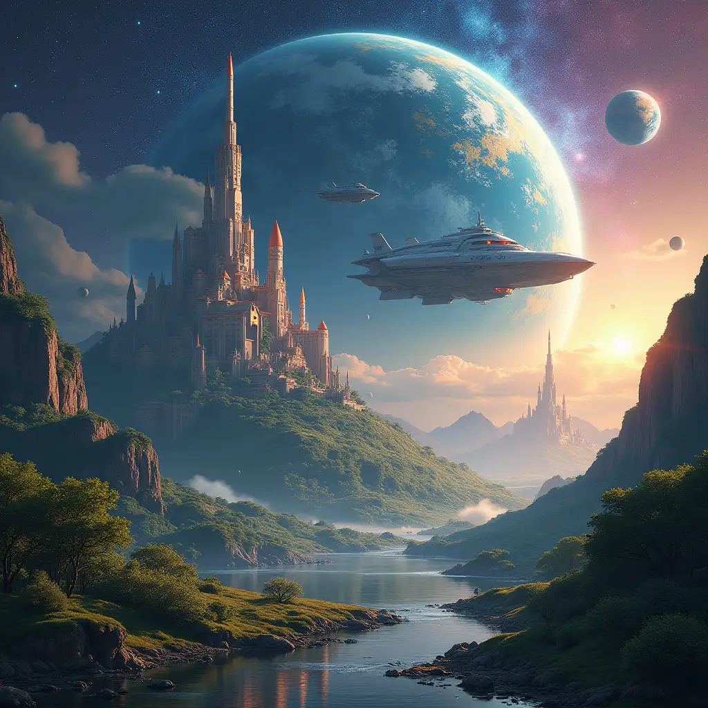 A flourishing Earth with futuristic cities integrated into nature, massive starships launching into space, a vibrant cosmos with distant galaxies, and new planets with surreal landscapes, epic scale, vibrant colors, cinematic lighting