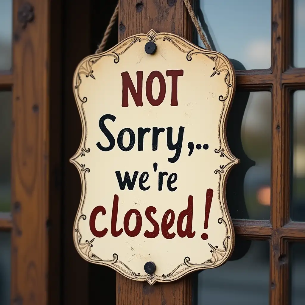 design an attractive door sign with the inscription: 'NOT sorry, we're closed!'