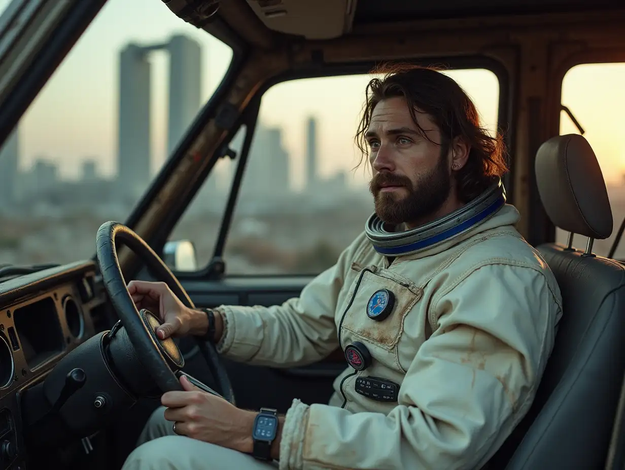 Astronaut, in an old ragged white space suit. No helmet. Long hair and stubble. In a ruined city. He sitting in the drivers seat of a burnt out large SUV car with a smashed windscreen. He is holding the steering wheel.