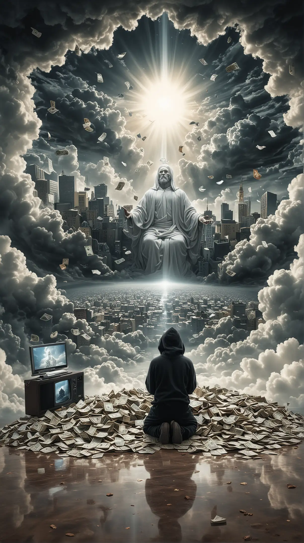 A surreal image of a person wearing a black hoodie, kneeling on the ground with their face hidden. Above them, in the clouds, a divine figure representing God looks down. Surrounding this figure are floating worldly possessions, including a glowing TV screen, stacks of money, luxury items, and a car. The scene symbolizes a reflection on life, materialism, and spirituality. The entire background is pure white.