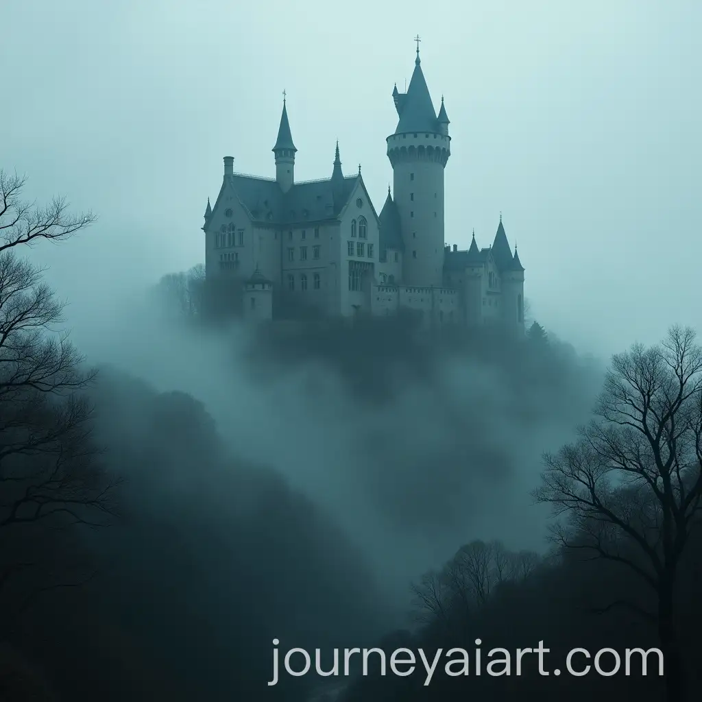 Gothic-Castle-Surrounded-by-Foggy-Forest-with-Clouds-Above