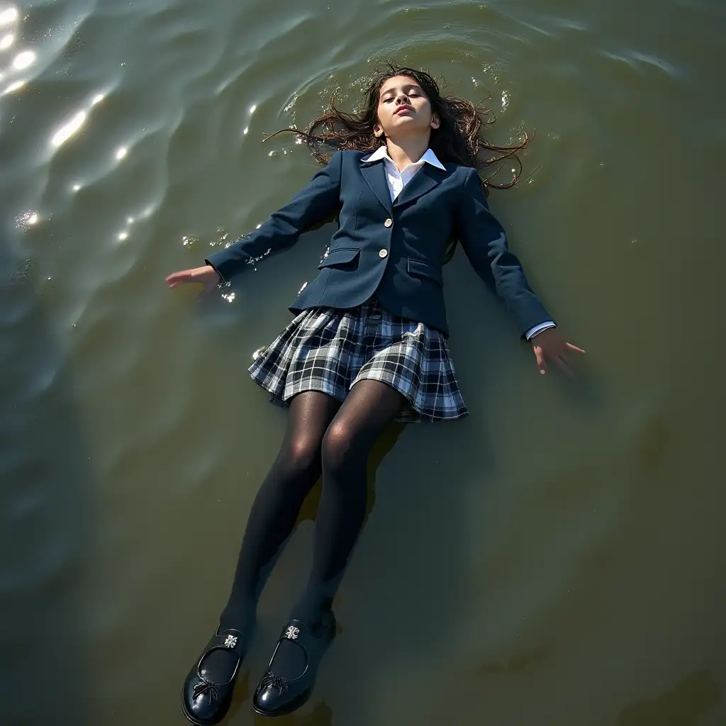 A schoolgirl in a school uniform, with a skirt, jacket, blouse, dark tights, high-heeled shoes. Swims in a dirty pond, completely wet clothes, underwater, lies in the water, complete soaking, wet clothes stick to the body, immersion in water.