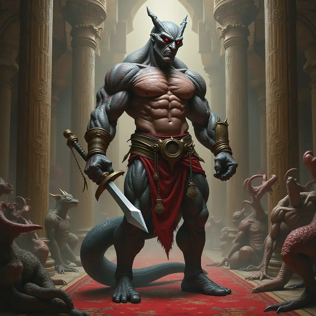 Ultradetailed hyperrealistic portrait of a bodybuilder with snake skin, gray-red speckled skin color with a sword and a hammer in a palace with various strange creatures with richly detailed, colorful