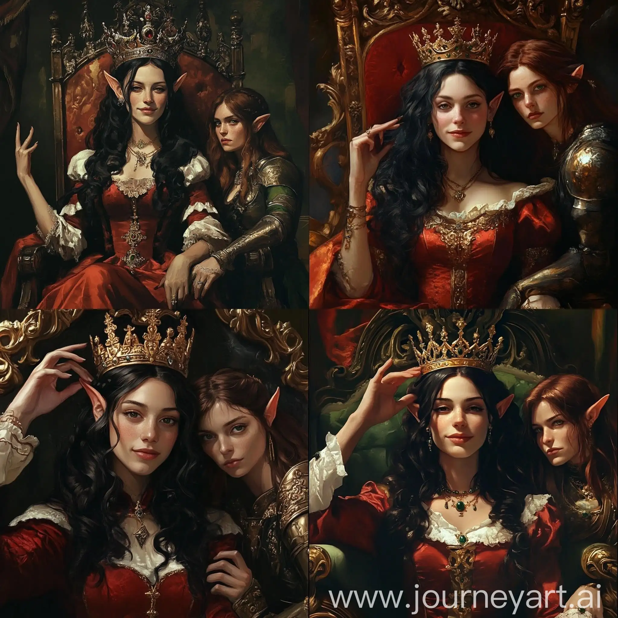 Renaissance-Elf-Empress-on-Throne-with-Warrior-Woman-Medieval-Portrait-Style