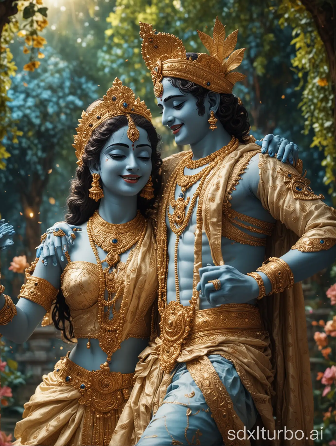 Generate a cinematic romantic dance of Radha and Krishna adorned in intricate golden garments. krishna blue skin and smile face The background should be vrindavan garden  enviorment. cinematic look