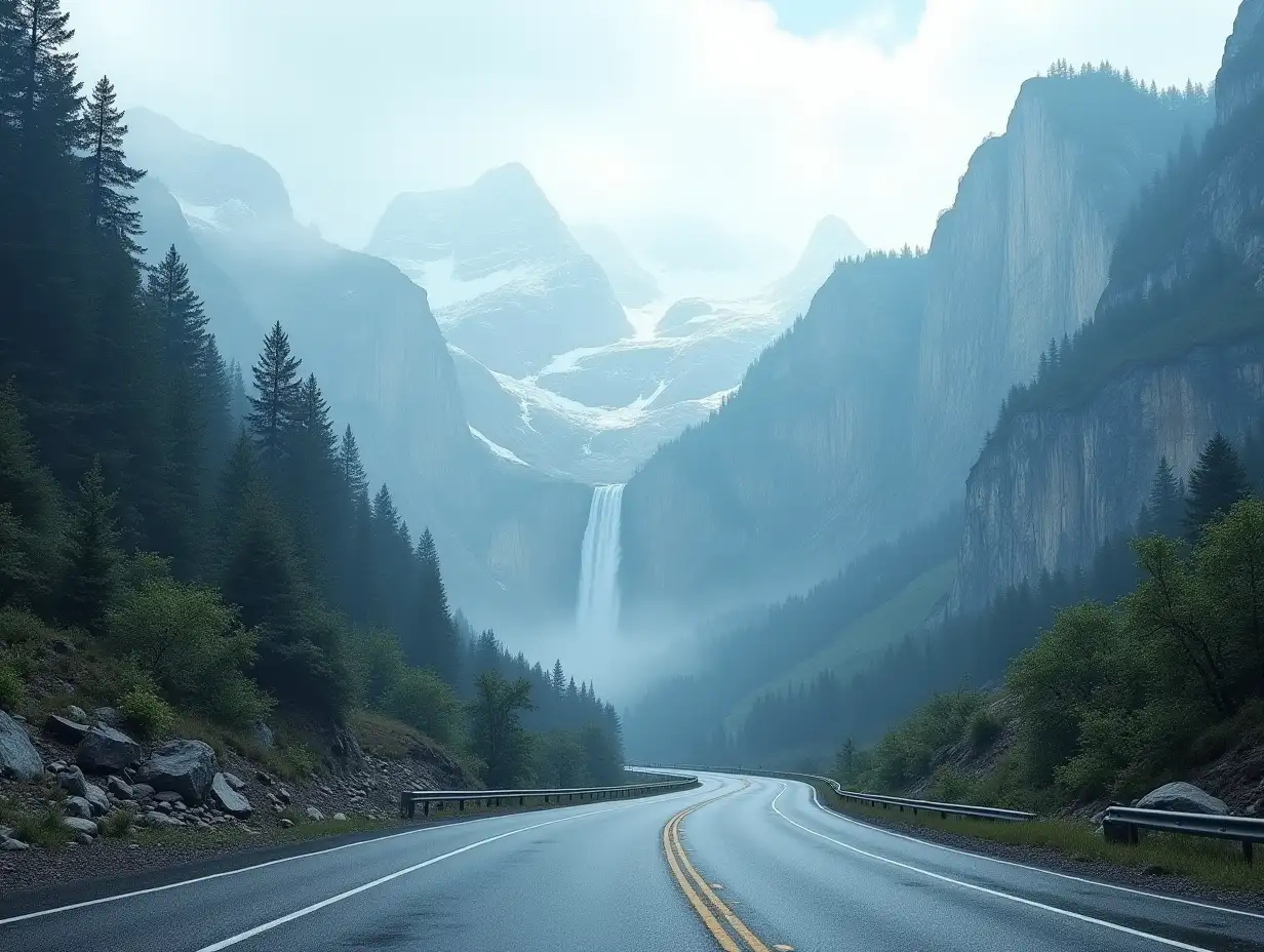 make a road on a mountain [side view] parking lot,, waterfall, realistic mountain background