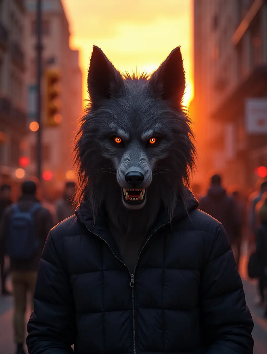 Image is a digital artwork depicting a bustling urban street scene at sunset. The layout is dynamic, with a central focus on a person wearing a realistic, detailed werewolf mask with long, flowing hair, sharp teeth, and a fierce expression...