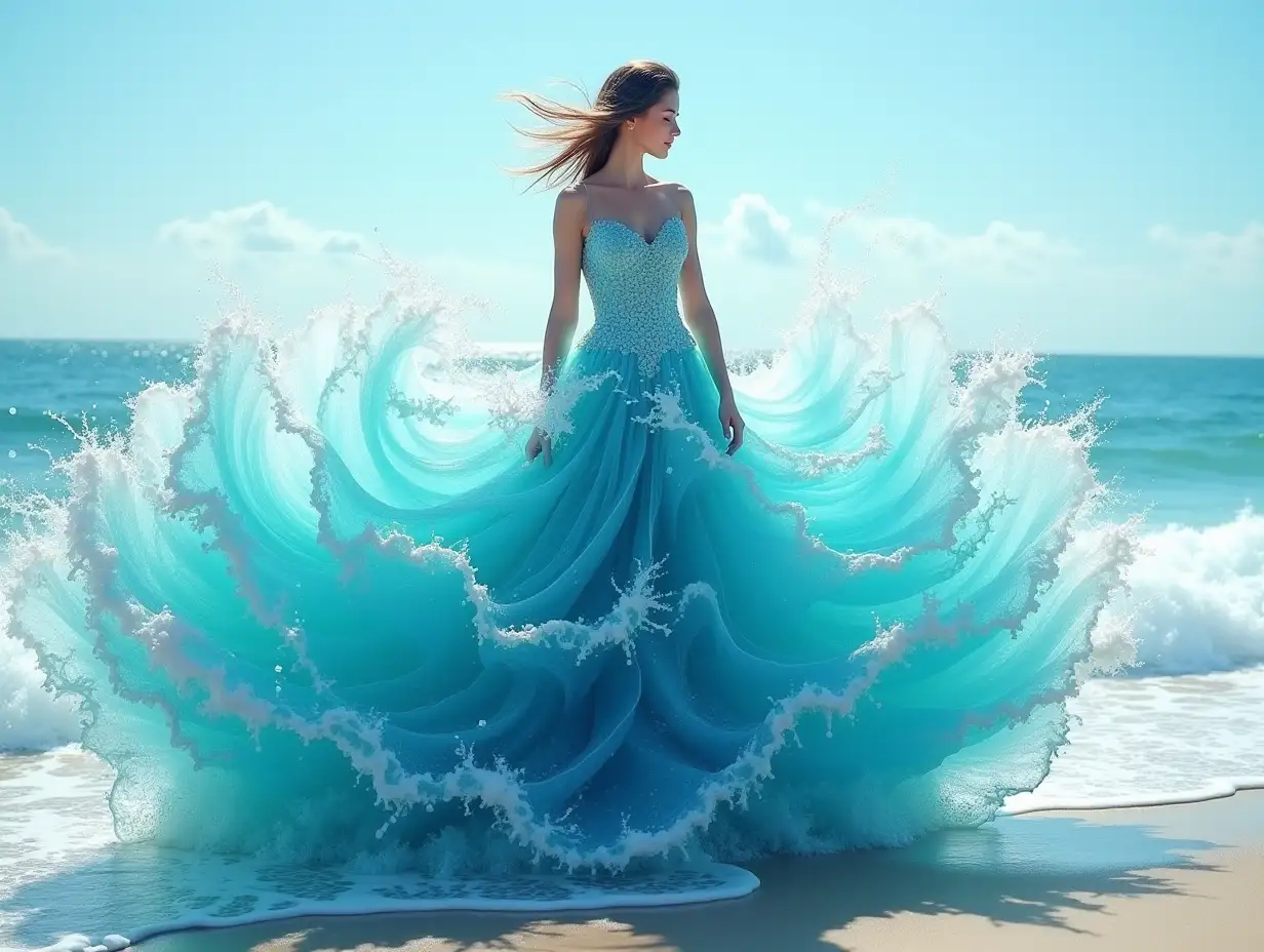 A stunning and surreal image of a girl wearing an intricate aqua dress made entirely of water waves, creating a mesmerizing and visually stunning effect. The girl is shown in a graceful pose on the seashore, and the water seems to flow in a dramatic fan shape. It is caused by the waves crashing against her. This image can be created using the following vector. Woman in an elaborate aqua dress made entirely of water waves, by Dmitry Kostanovich, Photoshop, Felicia Semyon, UHD image, Ekaterina Panikanova, Shiny and sparkling, HDR, Dynamic mode, 32 KB, Sharp focus, Illustration. by Sasan.