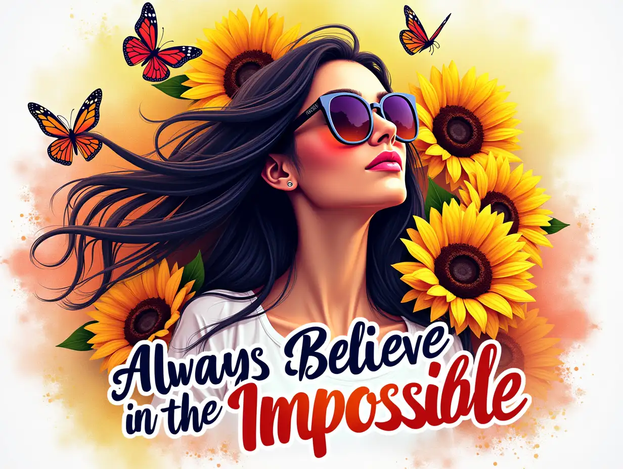 Vector illustration, Art style: realistic description, Art inspiration: realistic description, Camera: Super sharp images, Snapshot: Daylight, Related information to conclude Output: High Resolution 4k, Detail 8k.  Create an image of a woman with flowing hair, surrounded by sunflowers and butterflies. The woman should be wearing stylish sunglasses and a confident expression. The text 'Always Believe in the Impossible' should be written in bold, colorful letters, with a dripping paint effect. The background should be a vibrant gradient of colors, with glitter and other decorative elements.