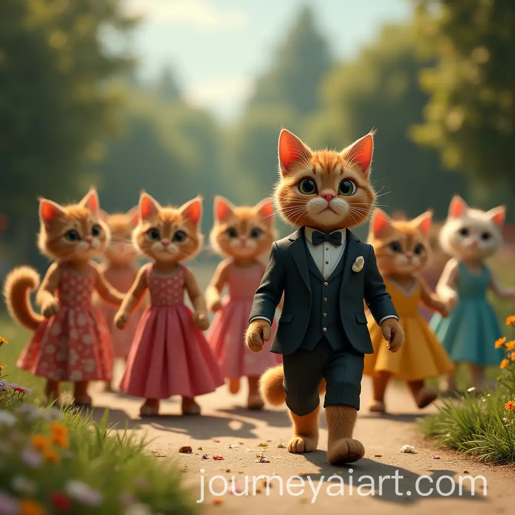 Tom-Cat-in-Dinner-Suit-Escorts-Nine-Female-Cats-to-Garden-Party