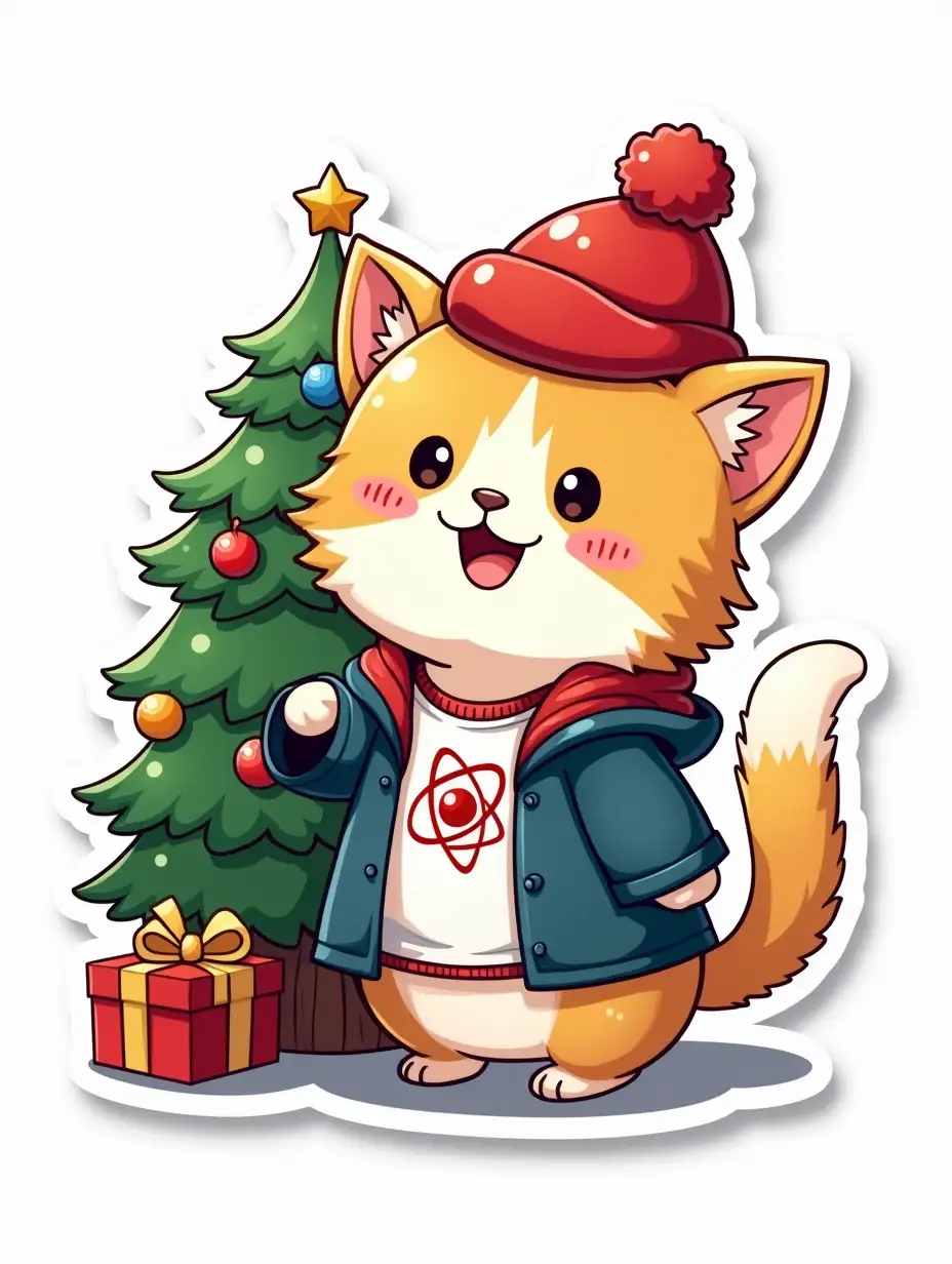 kawaii positive little shaggy cat in Academic clothes next to the Christmas tree with of an atom symbol on t-shirt, vibrant and dynamic die cut sticker design top-view, high resolution, vector art,  white background, paint in anime style