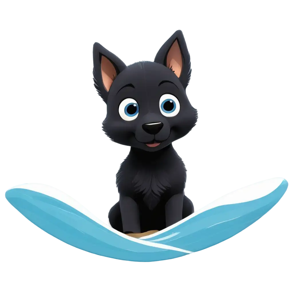 create a cartoon effect of a black German shepherd puppy with one brown and one blue eye surfing on a wave