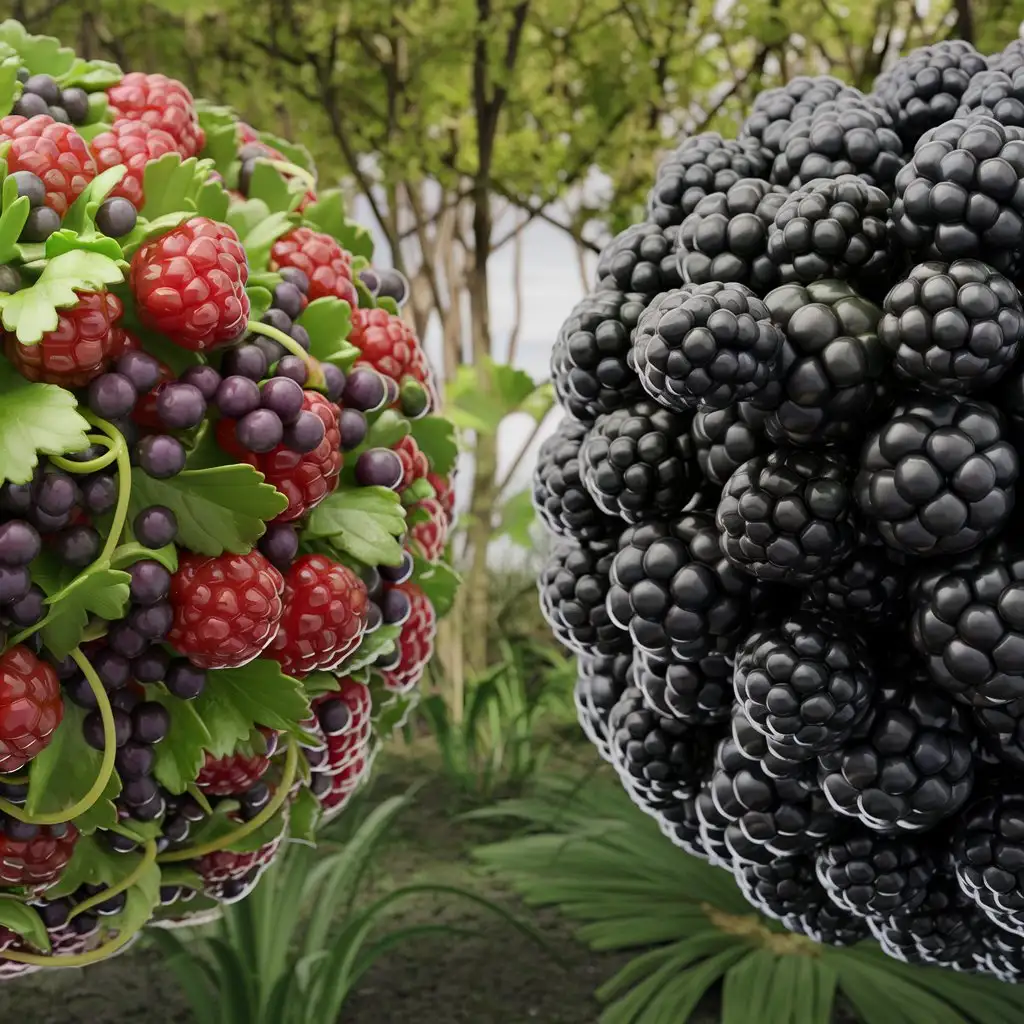 two spheres on a background with berries on one side and gooseberries on the other side with 3d special effects
