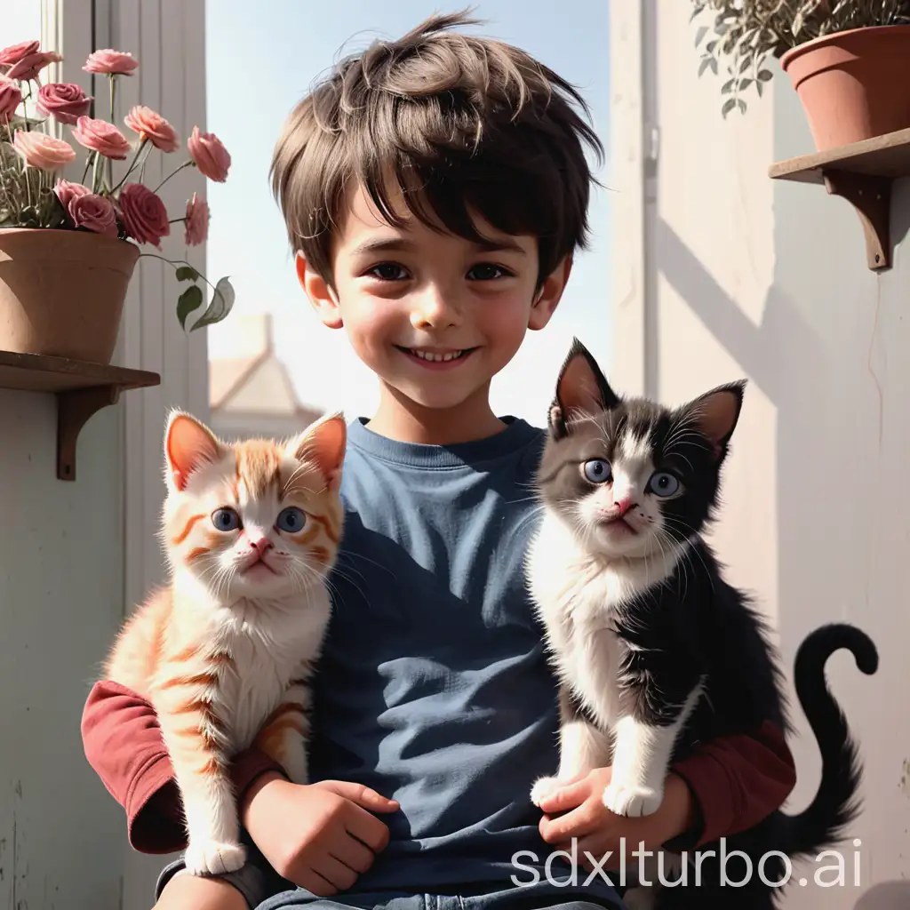 Boy-Playing-with-Two-Affectionate-Cats