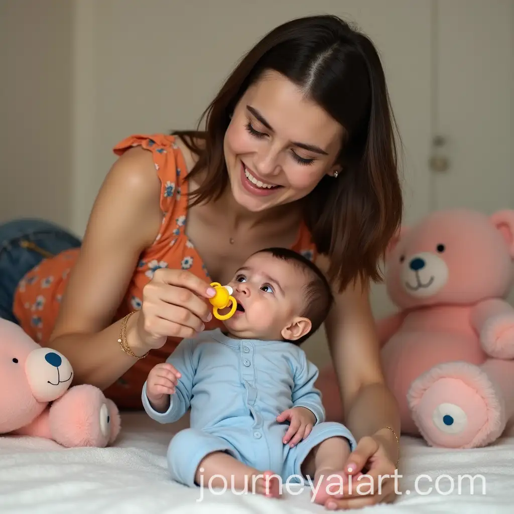 Young-Iranian-Girl-Playfully-Inserting-Pacifier-Into-Baby-Boys-Mouth-in-a-Bedroom