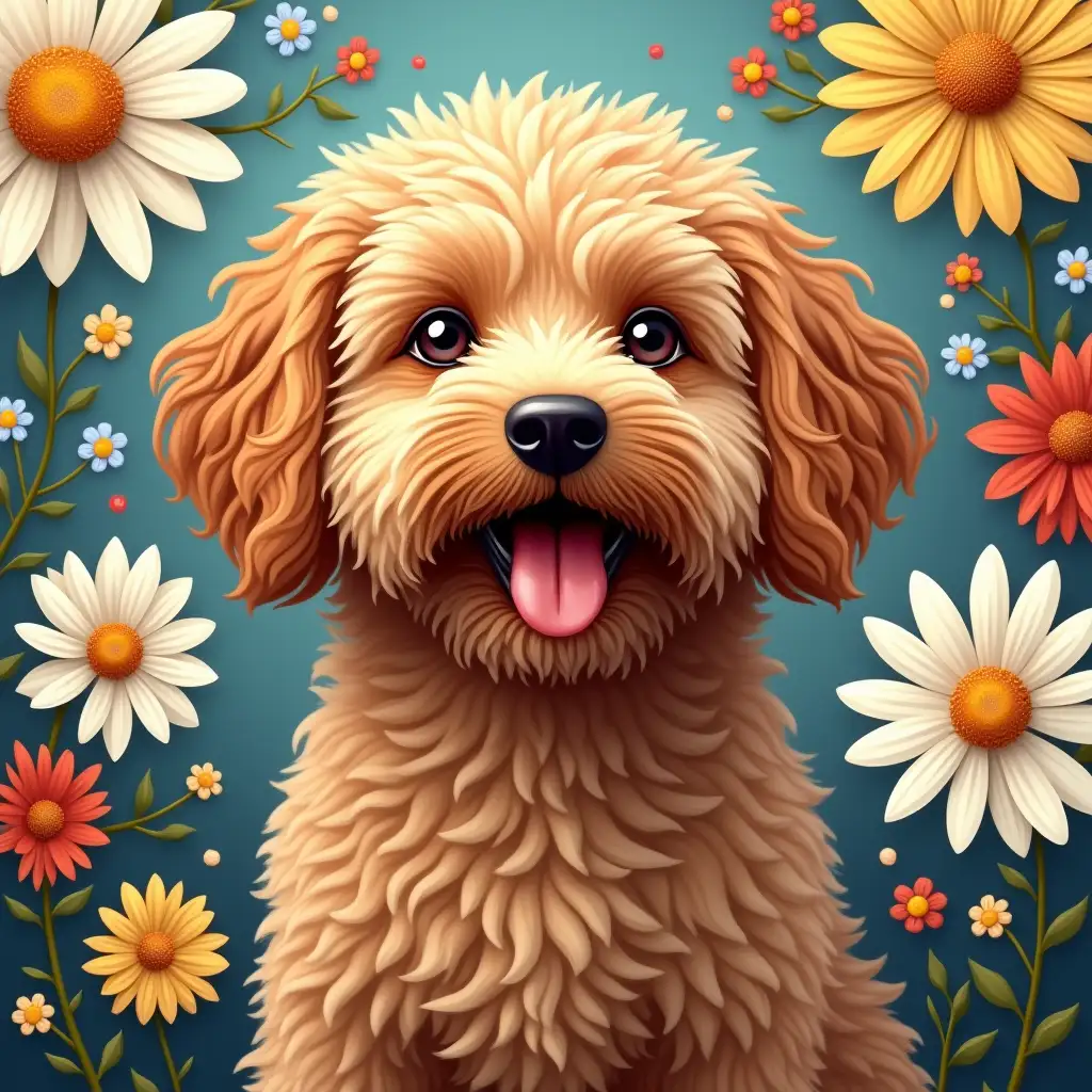 Create an image of a fluffy, curly-haired dog with a happy expression, positioned centrally against a vibrant floral background. The dog should have a golden-brown coat with detailed, wavy fur. The background should be filled with large, colorful flowers, including daisies and other blooms in shades of white, yellow, red, and blue. The overall style should be highly detailed and artistic, with a warm and cheerful atmosphere.