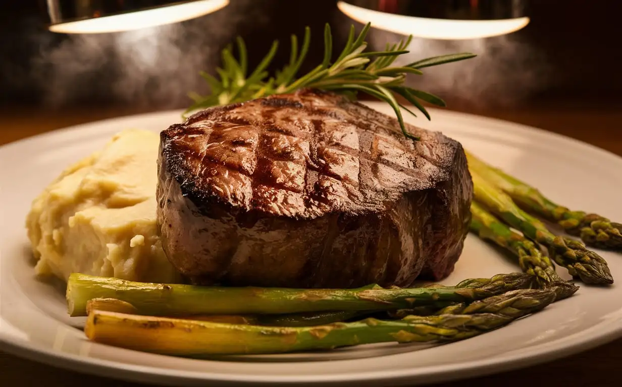 A sizzling steak cooked to perfection, adorned with grill marks and served with a side of buttery mashed potatoes and roasted asparagus, Steak centered, Warm overhead lighting accentuating the rich colors, Sprigs of rosemary garnishing the plate