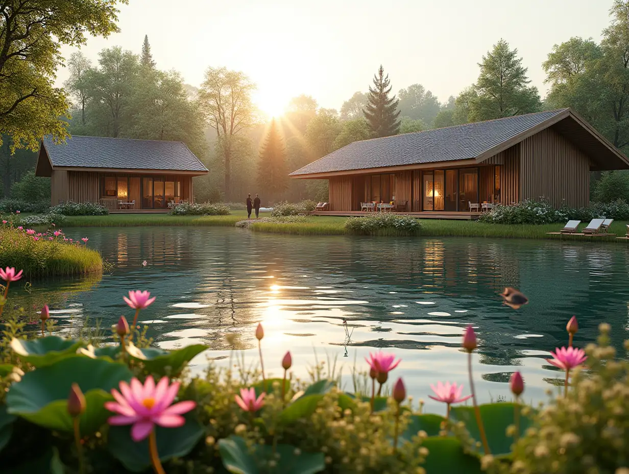 a large eco-pond that occupies the lower part of 1/3 of the generated image, this pond with crystal clear water and large pink water lilies and natural gentle grassy banks with a bioplate of higher lake plants similar to wild ponds, there are sun loungers by the water, there are definitely adults and children who swim in the pond and walk along the shores of this pond There are also only 3 small one-storey houses located at some distance from each other and at a distance from the shore of the pool, these houses have the appearance of a one-storey chalet with a gable roof, built from a wooden beam system consisting only of vertical wooden beams and only in the half-timbered style between the glass beams - only with glass walls - with panoramic windows in all walls from floor to roof, that is, each wall is a panoramic window, and the entire area between the pools and houses is a lawn of grass and small floral flower beds between wooden paths leading from the houses to the pond, and trees are visible behind the houses, at sunset and the glare of sunset light, the foreground is in focus, and the background is blurred, realistic