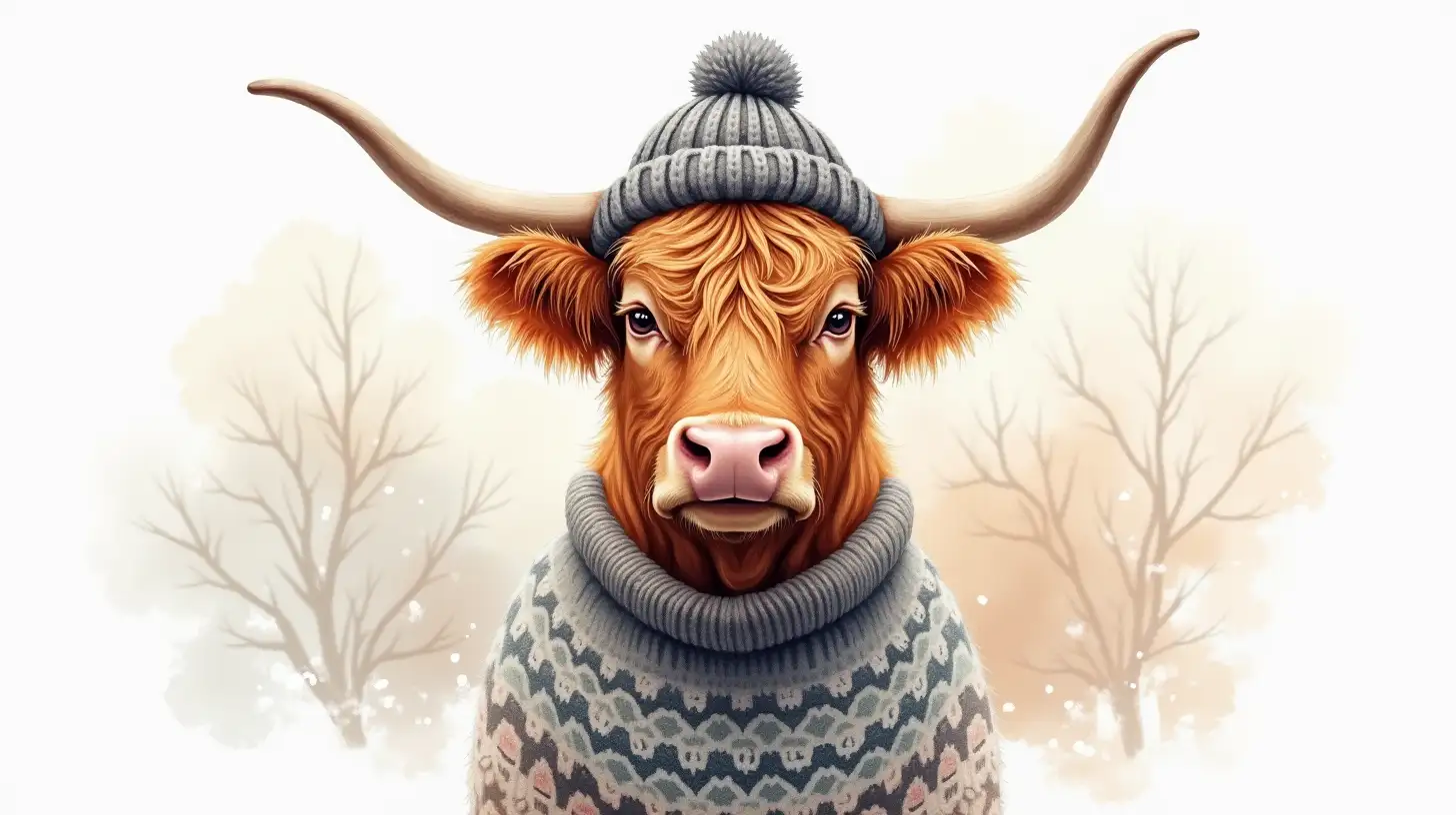 Highland Cow in Winter Attire Surrounded by Artistic Background